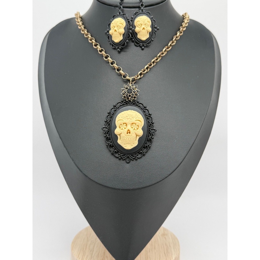 Artist-Assembled Upcycled Sugar Skull Cameo Necklace & Earrings Set Gothic